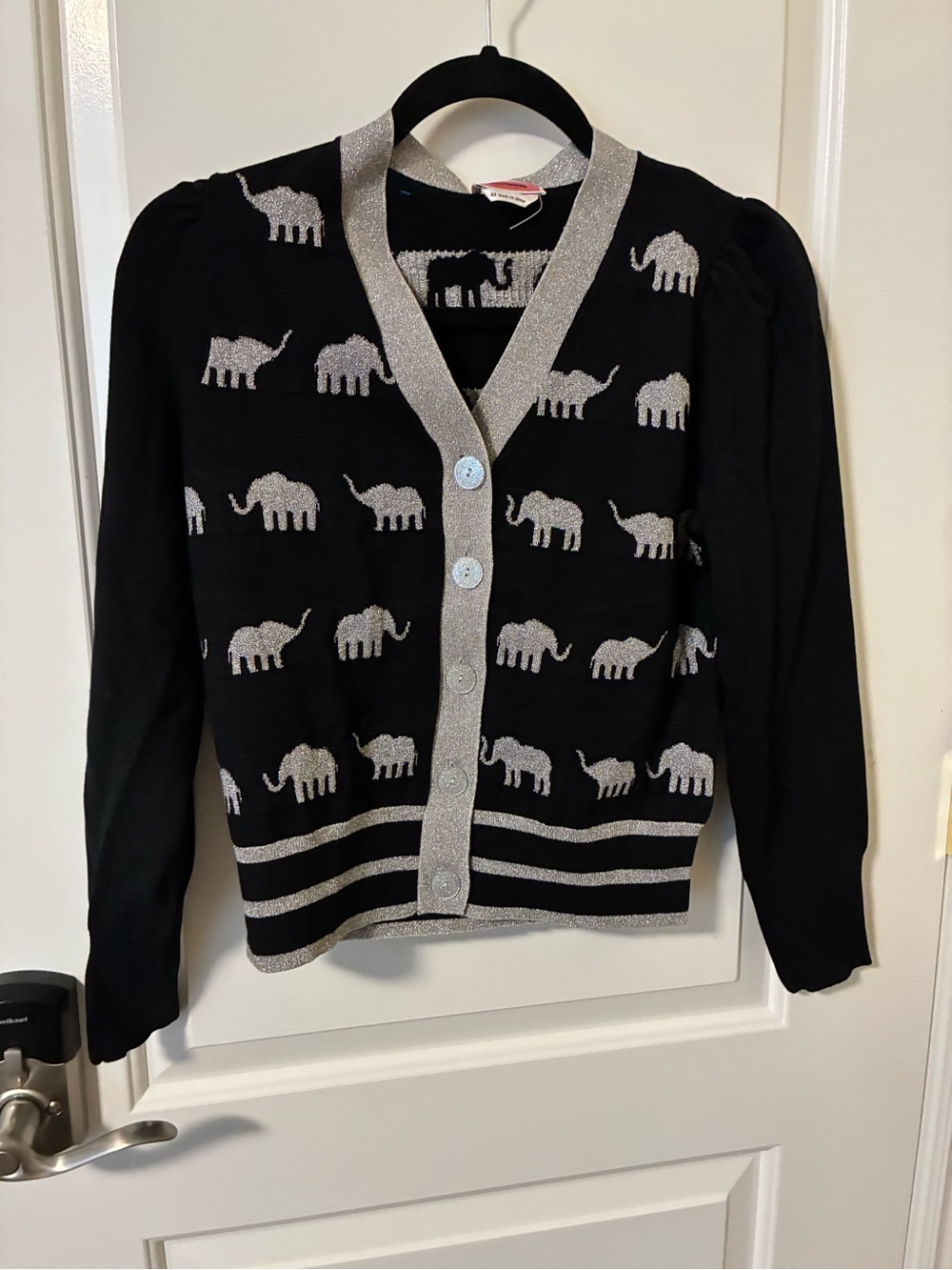 NWOT Kate spade Women's Black Cardigan Sweater w/  Silver Elephant Pattern x s